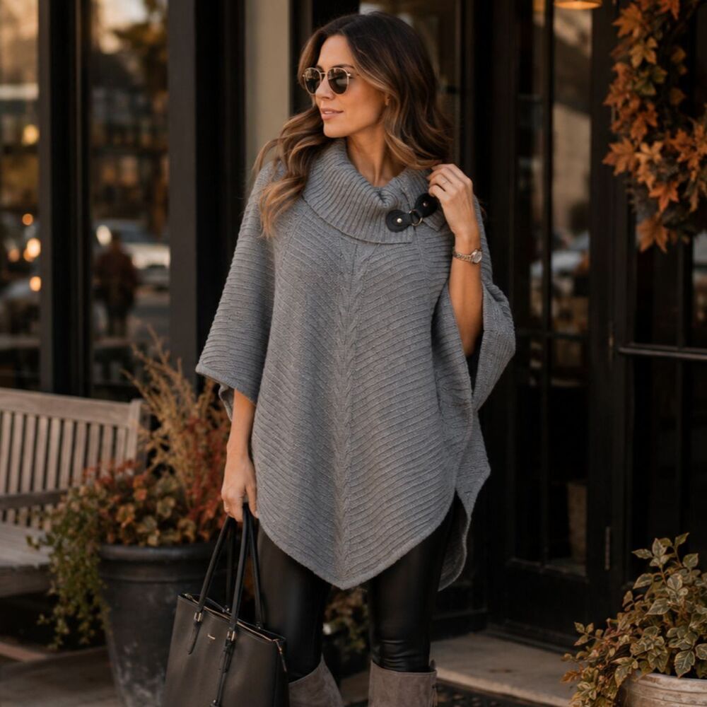 Dana Buchman Gray Cowl Neck Poncho Sweater Womens M Buckle Cape Tunic